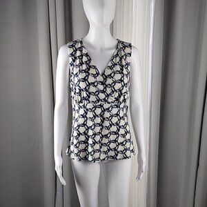 Kasper White Navy Blue Print Stretch Knit Sleeveless Top Blouse Size 8